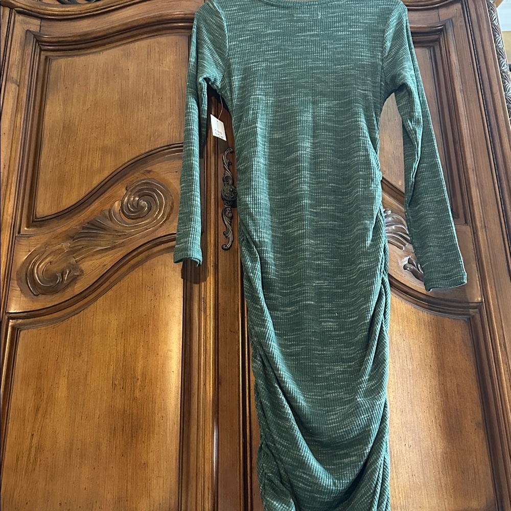 New Midi Green Heathered Bodycon Knit Runched Stretchy Long Sleeve Dress Large - Picture 10 of 10